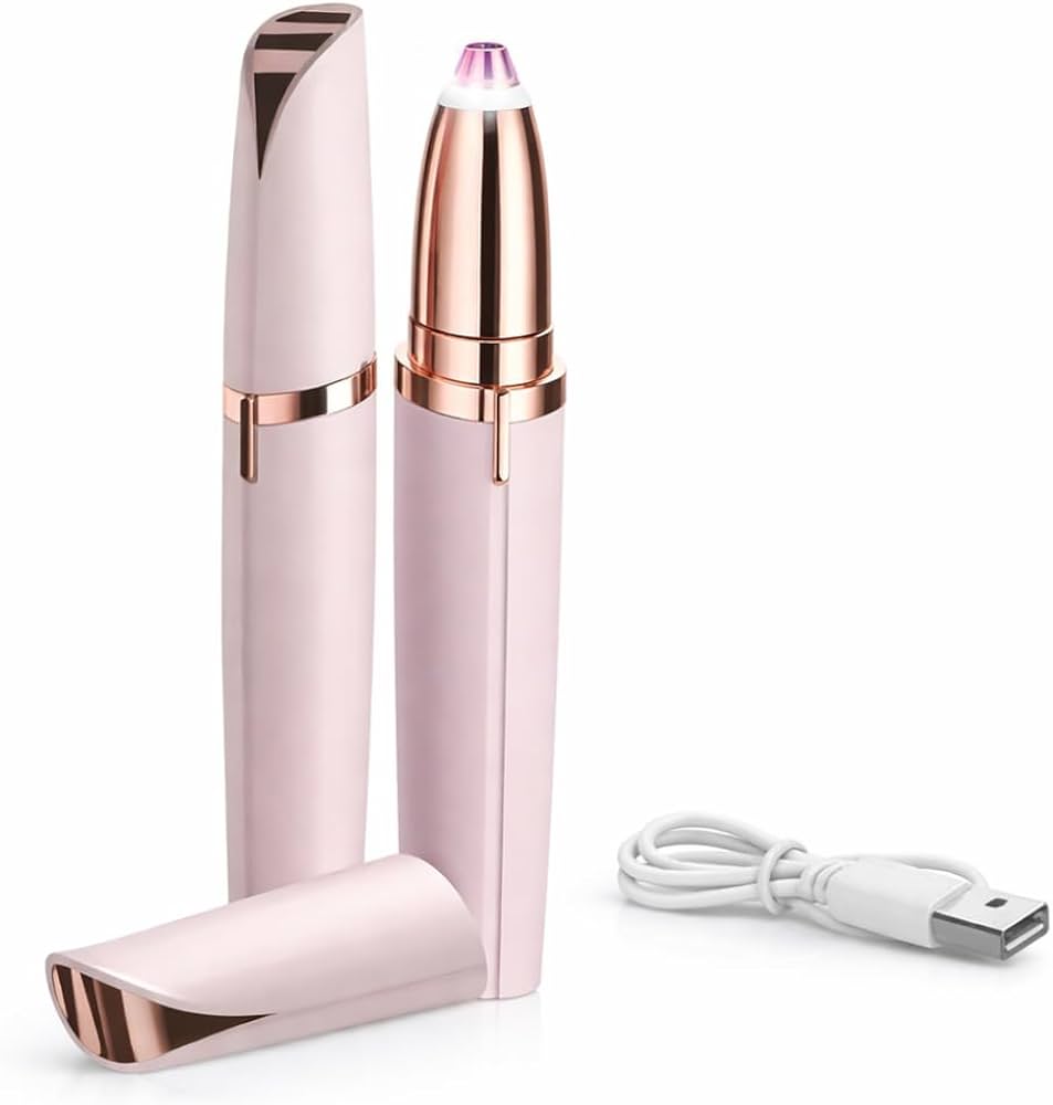 Caneta aparadora USB em tom rosé, com tampa removida e cabo de recarga; imagem ilustrativa